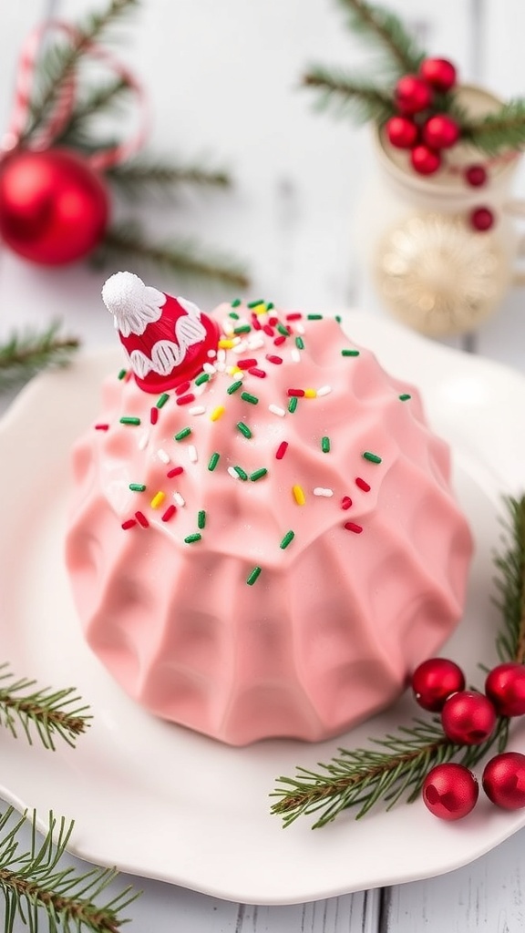 A pink Christmas header dessert with sprinkles on a festive table setting.